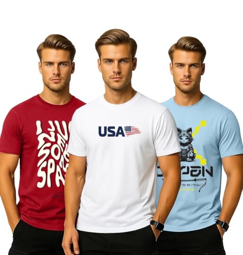 Image of Veirdo Pure Cotton Regular Fit AestheticGraphic Printed Round Neck Half Sleeve T-Shirt Pack for Men (Combo of 3) (Green,Red,Swanwhite,Black,Navy Blue,White,Brown,Royal Blue)
