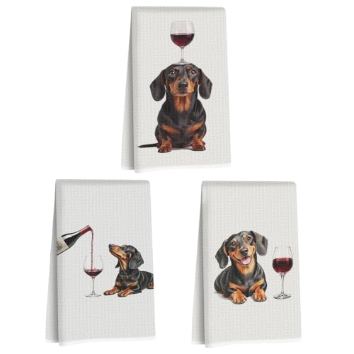 Image of 3 Pcs Wine Dachshund Kitchen Towels, Dachshund Gifts Reusable Dish Towels | Waffle Weave Absorbent Hand Towel for Kitchen Bathroom Decor, Cute Wine Weiner Dog Gifts for Women Mom Friend 24x14 Inch