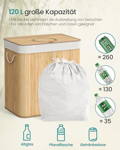 SONGMICS Pfandflaschen-Sammelbehälter, 120 L Pfandflaschen-Behälter, Bambus, Flaschensammler Leergut, Recycling-Behälter, mit Loch, Deckel, Innensack mit Griffen, Küche, naturbeige RRB012Y01