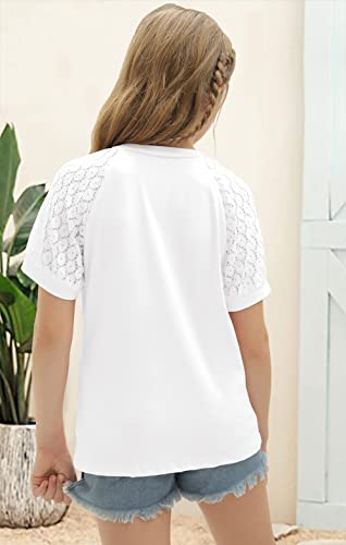 Girls Shirt Casual Crew Neck Short Sleeve Lace Patchwork Blouses Tops Size 4-13 White #TOP5