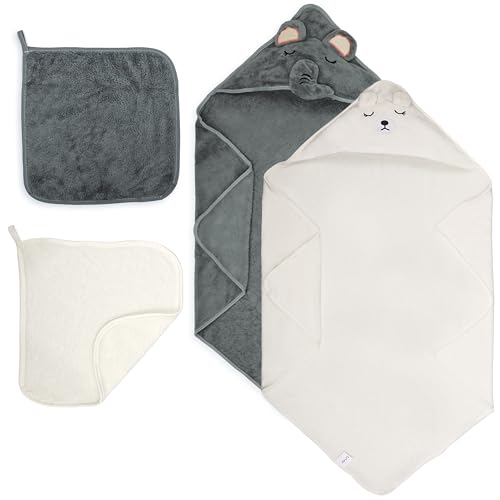 Image of HBHLFZ 4-Pack Hooded Baby Towels - Newborn-Specific Bath Towel- Soft and Absorbent Coral Terry Baby Bath Towel - Suitable for Newborns and Infants, Essential for Newborn Bathing（Elephant, Bear