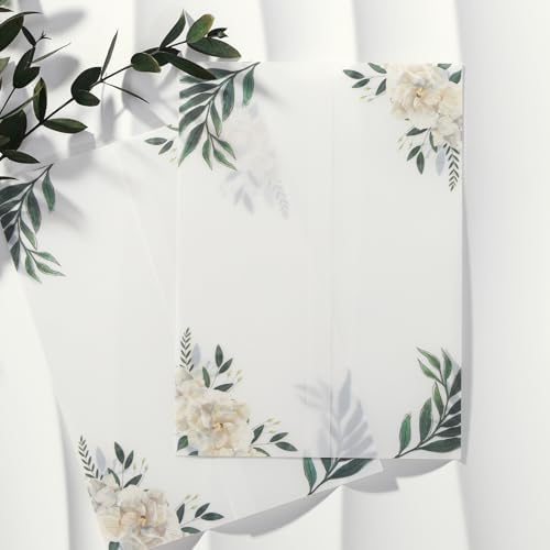 UNIQOOO 50 Pack Green & White Floral Vellum Jackets for 5x7 Invit...