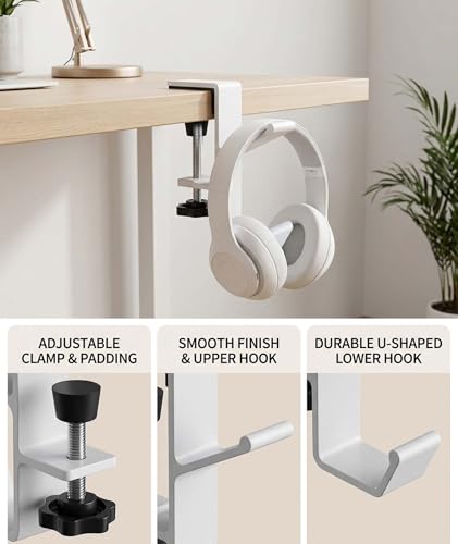 Image of Headphone Stand, Dual Hook Headphone Holder for Desk with Table Clamp, Under Desk Headset Stand Bag Hanger for Gaming and Office Setup, WhiteAlloy Construction