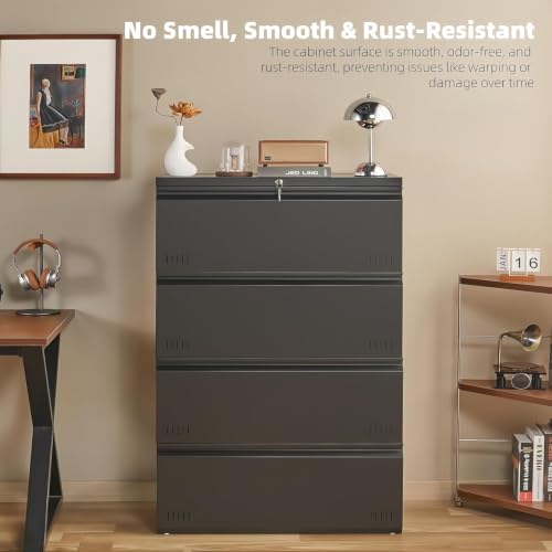 Image of Guizeeopo Metal File Cabinet with Lock, 4 Drawer Lateral File Cabinets for Home Office, Heavy Duty Office Storage Cabinet for A4 /Letter /Legal Size, Assembly Required(Black)