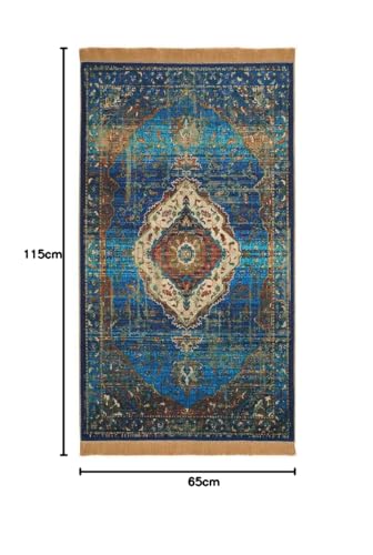 Tapis de prière luxe bleu avec motifs soignés et finitions haut de gamme