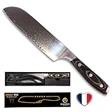 DAMAS CUT - Cuchillo de chef Santoku - Hoja de Damasco auténtica de 18 cm ultra afilada - Mango de madera reciclada - Seda completa - Muy cómoda - Versátil - Con funda protectora - Finalmente un