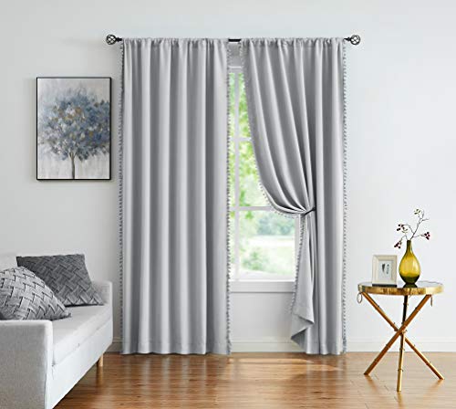 Image of Treatmentex Pom Pom Grey Curtains for Bedroom Windows 84 inch Energy Efficient Thermal Insulated Living Room Darkening Curtain Panels Drapes Nursery Room Children 52 inch w x2 Panels Rod Pocket