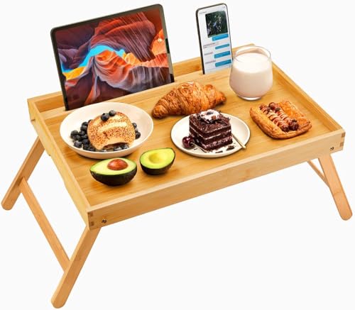 Bamboo Bed Tray Table, Large Breakfast Tray with Folding Legs, Multipurpose Serving Tray Use As Portable Laptop Snack Table, for Working, Eating, Reading by Pipishell