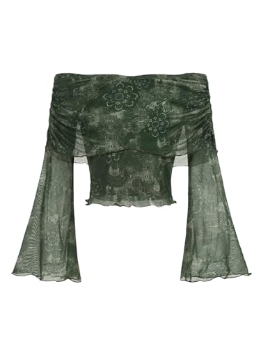 Verdusa Women's 70s Off The Shoulder Renaissance Tops Bell Flared Sleeve Floral Fairycore Mesh Crop Tops