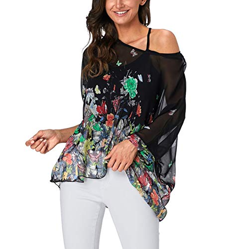Image of Ckikiou Plus Size Batwing Flowy Semi Sheer Chiffon Blouse Tunic for Women Summer Floral Print Boho Beach Cover ups