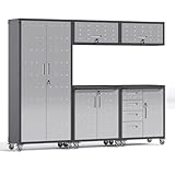 OPTYMIRA Metal Garage Storage Cabinets System, 5 Pcs Workshop Tool Cabinet Set in Gray, Including 2 Pcs Wall Cabinets 3 Pcs Garage Tool Cabinets with Wheels,Assembly Required