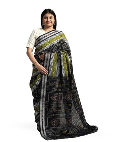 Image of Ikat Women's Pure Cotton Saree Traditional Craftsmanship Double Ikat Weaving Floral Handmade Ethnic Saree without Blouse Piece