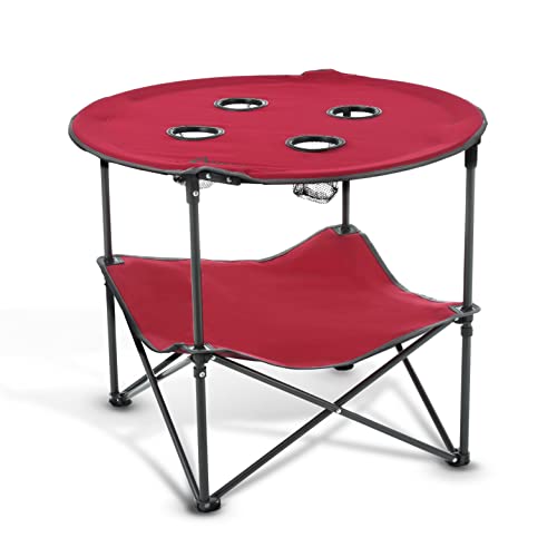 ARROWHEAD OUTDOOR 28" Heavy-Duty Portable Folding Table, 4 Cup Holders, No Sag Surface, Compact, Round, Carrying Case, Steel Frame, High-Grade 600D Canvas, Lower Storage Area, USA-Based Support