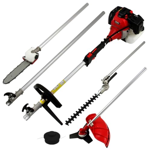 5 in 1 Cordless Garden Multi Tool Long Reach Chain Hedge Trimmer Chainsaw Brush Cutter Extension Pole Petrol 52cc 1.6kW 3HP 9000rpm