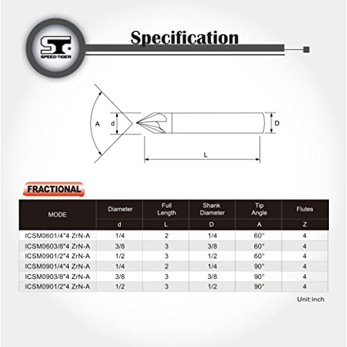 Speed Tiger Chamfer End Mill - Cnc Carving Bits, V Groove, 90 Degree, Icsm3/8"Shank 3"Ovl (1 Piece, 3/8" 90°) - For Wood, Alloy Steels, Hardened Steels – Mill Bits Sets For Diyers & Professionals #TOP6