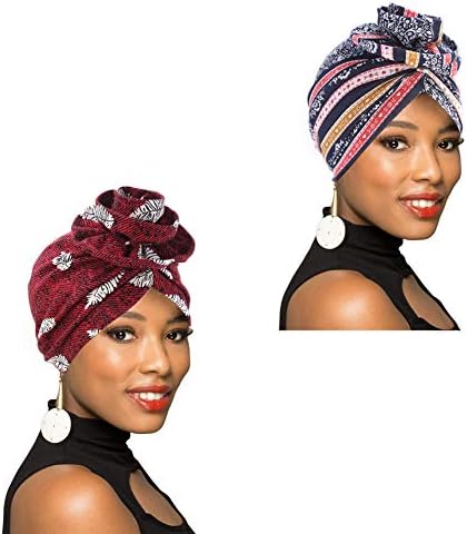 1Pack/2Packs Women Turban African Pattern Headwrap Beanie Pre-Tied Bonnet Chemo Cap Hair Loss Hat
