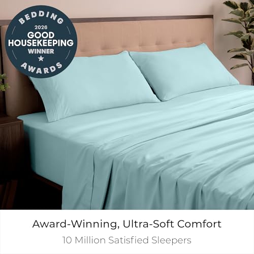 Image of Mellanni King Sheets Set - 4 PC Iconic Collection Bedding | Hotel Luxury, Extra Soft, Cooling Bed Sheets - Wrinkle, Fade, Stain Resistant (King, Aqua)