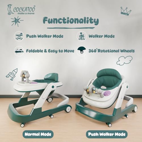 Image of Cockatoo FirstMove 3-in-1 Baby Walker - Adjustable Height (3 levels), Rocker, Push and Activity Walker with Musical Toy Tray & Light, 6 Lockable Wheels, Foldable, Safe for 6-18 Months, Up to 15 kg, Dark Green
