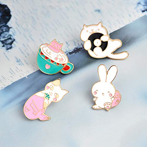 Jiaquhome 4 Pieces Cute Cartoon Brooch Color Enamel Animal Pins Cat Rabbit Coffee Cup #TOP1