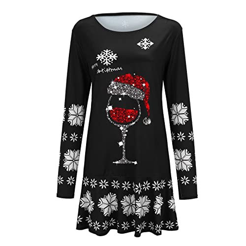 Weihnachtskleid Damen Weihnachten Pullover Kleider Damen Langarm Rundhals Kleid Weihnachtskleid Winter Drucken Shirtkleid Minikleid mit Elchmuster...