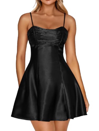 LAGSHIAN Women's Summer Satin Spaghetti Strap A-line Mini Dresses Bodycon Sleeveless Silky Night Out Short Dress