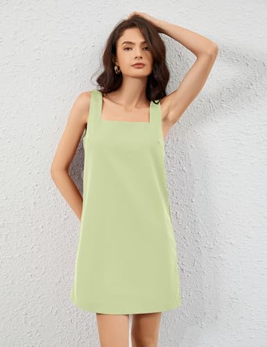 Image of Summer Linen Mini Dress for Women Sleeveless Square Neck Tank Shift Dresses Causal Backless Solid Short Sundress