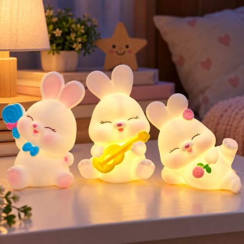 Image of Cute Bunny Night Light Lamp Battery Operated Table and Desk Decorations Gift Pandas (Bunny 3 pcs Set)