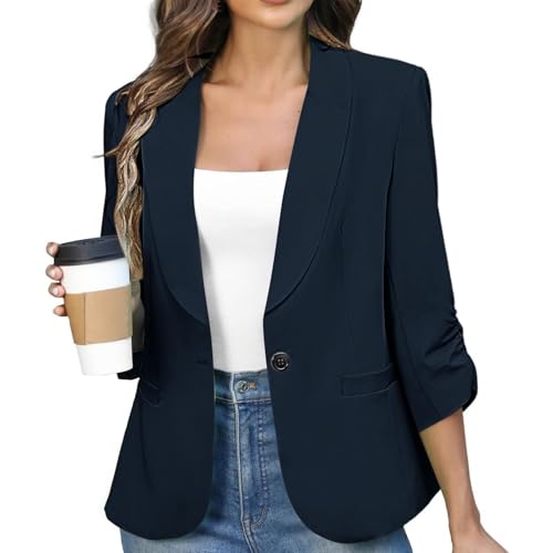 Womens Ruched 3/4 Sleeve Blazers Padded Shoulder Slim Fit Jacket Dressy Business Casual Outfits Professional Clothes