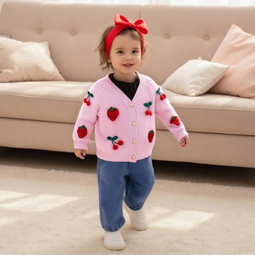 Little Kids Girl Button Up Sweaters Long Sleeve Cherry Strawberry Embroidery Cardigan Knitwear Fall Knit Outwear2
