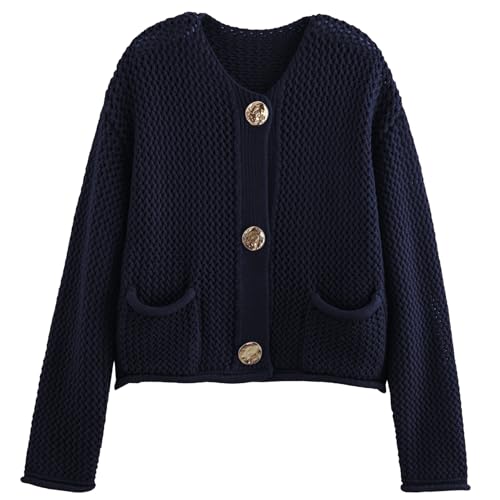 Yimoon Womens Cropped Cardigan Sweaters Gold Button Down Chunky Knit Sweaters Long Sleeve Open Front Fall Crochet Cardigan