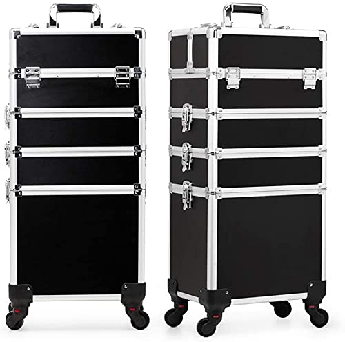 ADSON Professional Hairdressing Case Makeup Box Aluminium Cosmetic Vanity Trolley 4 In 1 Make-Up Nail Art Case Box With 360° Wheels (Black)-image-39