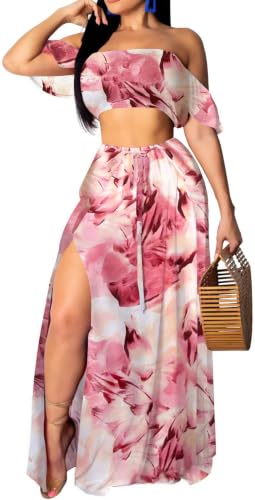 Image of Sexy Two Piece Sets for Women Vacation Elegant Sleeveless Top Long Split Maxi Dress Beach Swimwear