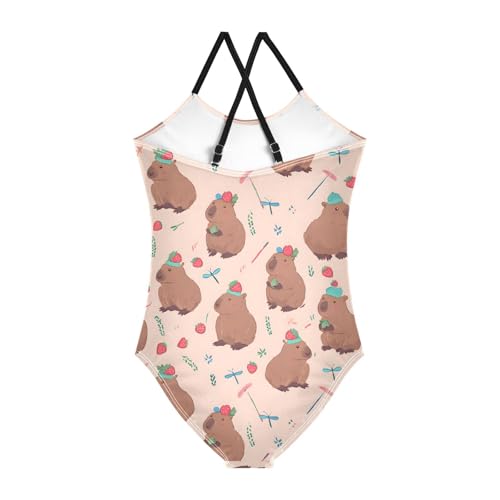 Capybara Strawberry Girls One Piece Swimsuits Summer Quick Dry Beach Bathing Suit2