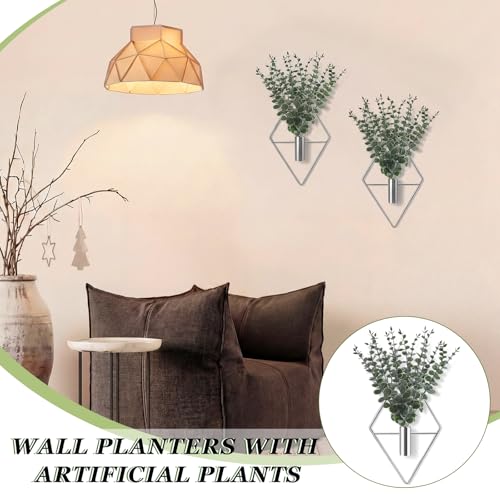 Image of Jexine 8 Pcs Hanging Planters with Artificial Eucalyptus Metal Hanging Vase Indoor Plants Holder Modern Geometric Boho Bathroom Wall Decor for Living Room Home Office (Eucalyptus,Silver)