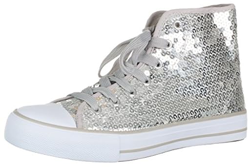 Brandsseller Zapatillas de Mujer con Lentejuelas Brillantes – De caña Media con Cordones, cómodas y Modernas para Diario y Fiesta – Plata | Ya disponible en tu tienda friki favorita! En mundofriki.es!