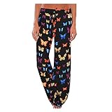 AMYTIS Damen Yogahose Stretch Freizeithose Bequeme Pyjamahose Schlafanzughose Lang Leichte Lounge Hose Hausanzug Hosen Relaxhose Fitness Sommer Weites Bein,Butteryfly,3XL
