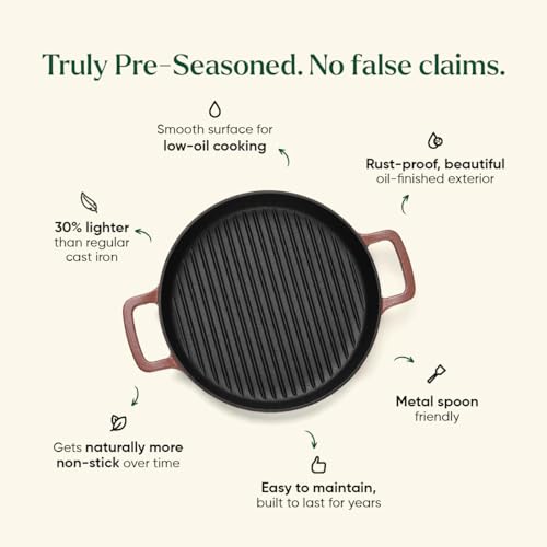 Image of Ember Cookware Pre-Seasoned Cast Iron Grill Pan 26 cm | 10-Year Warranty | Heavy Duty Induction Cookware | Cast Iron Cookware | Non-Toxic Tandoor Grill Pan for Kebab, Vegetables & Sandwich |Terracotta