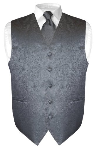 Vesuvio Napoli Men's Paisley Design Dress Vest & NeckTie CHARCOAL GREY Color Neck Tie Set