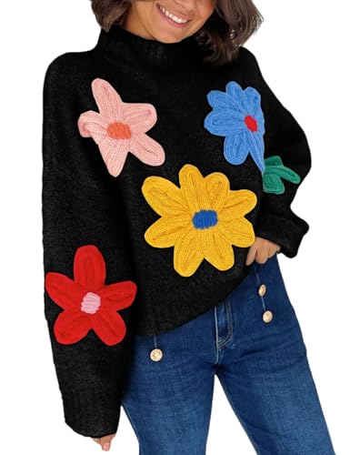 Image of Yimoon Women's Cropped Floral Sweater 2024 Fall Winter Cute Crochet Flower Long Sleeve Knit Pullover Tops(Black-S)