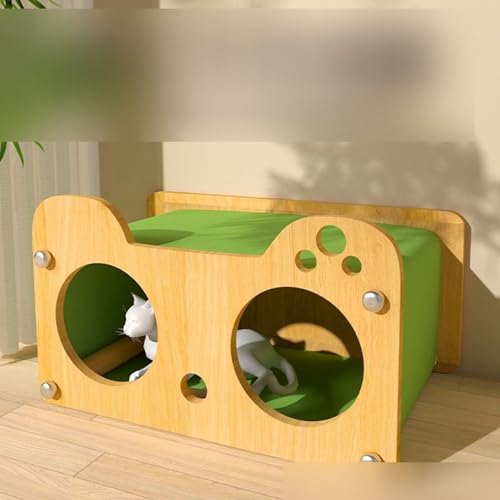 Rosoy 天然木 ペットベッド 猫 犬 木製ゲージ 木製ペットハウス ペットヴィラ 頑丈 ウッド ナチュラル インテリア スリーピングネスト 広い空間 木目調 ハウス 安定した 噛み耐え ペット用品 50*25*26CM (50*25*32CM,グリーン