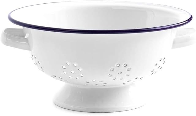 Enamel Colander 24cm White Retro Kitchen Double Handle Footed Base Colander Pasta Salad Strainer Drainer