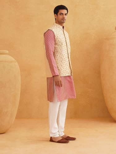 Image of SOJANYA (Since 1958 Men's Cotton Linen Maroon Kurta and White Pyjama with Mustard Cotton Nehru Jacket