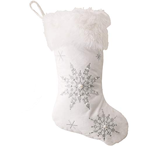 Comfy Hour 11" Polyester Snowflake With Silver Soft Velvet Embroidery Stocking For Christmas Decoration, White, Winter Holiday Collection #TOP29