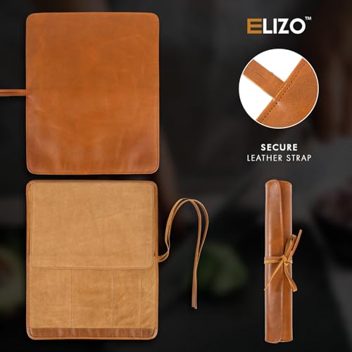Image of ELIZO Leather Knife Roll Bag Professional Chef Knife Case, Durable Knife Sheath Holder, Cooks & Culinary Tools Carrying Storage, Portable Knife Wrap - 4 Slots
