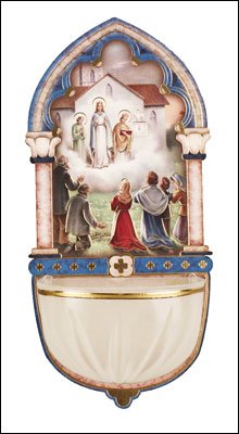 Catholic Gifts - Luminous Our Lady of Knock Holy Water Font with Gold Foil Highlights.