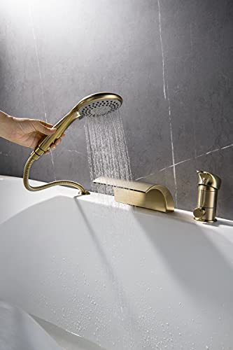 Roman Tub Faucet Brushed Gold Three Holes With Waterfall Tub Spout Filler With Hand Shower High Flow #TOP3