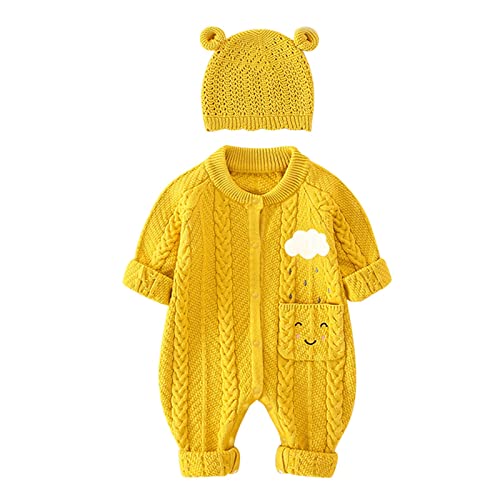 Image of Newborn Infant Baby Knitted Romper Cotton Long Sleeve Boy Girl Sweater Clothes Baby Jumpsuit Bear Ear Hat Outfits Set Christmas Sweaters Boys (Yellow, 0-3 Months)