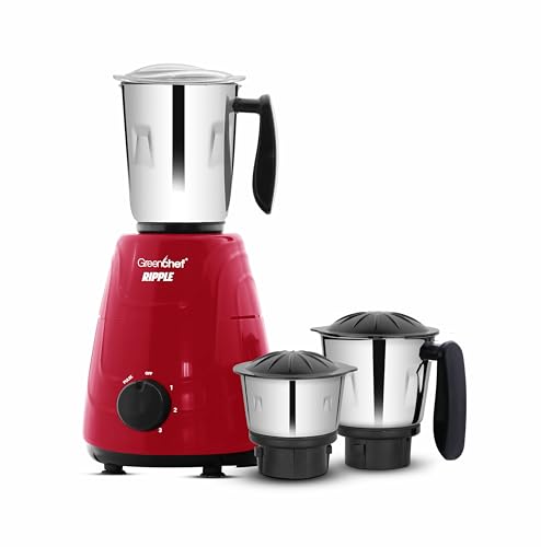 Image of Greenchef Ripple Mixer Grinder - 3 Stainless Steel Jars with Stainless Steel Blades, 750 Watts, 230-240v, 18000 RPM, Red Color, ABS Body, ISI Certified, Heavy Duty Motor, 5 Year Warranty on Motor