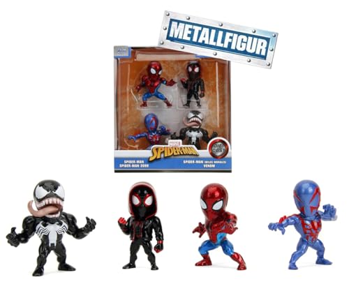 Jada Toys 4er-Set Marvel Spider-Man Figuren (Spiderman, Venom, Miles Morales, Spiderman 2099) - 4 Sammelfiguren aus Metall, je 6 cm, für Fans & Sammler ab 8 Jahre, Welle 1