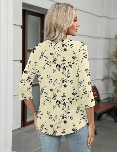 Rapbin 3/4 Length Sleeve Womens Tops Summer V Neck Lace Pleated Button Down Blouses Dressy Casual Elegant Tunic Shirts2